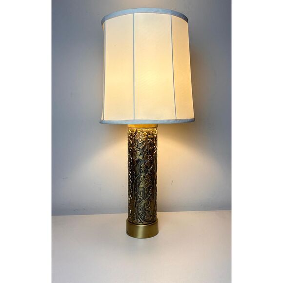 Vintage Embossed Floral Brass Lamp Artillery Shell Style - No Shade- 21in - Picture 1 of 10
